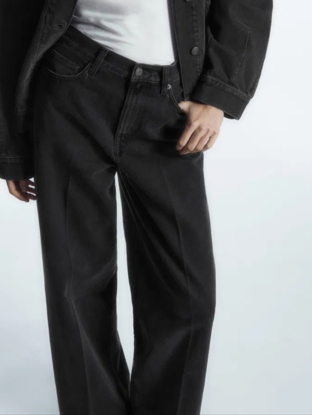 COS 34R Raw Edge Hem High-Waist Wide Leg Black Jeans Button Fly